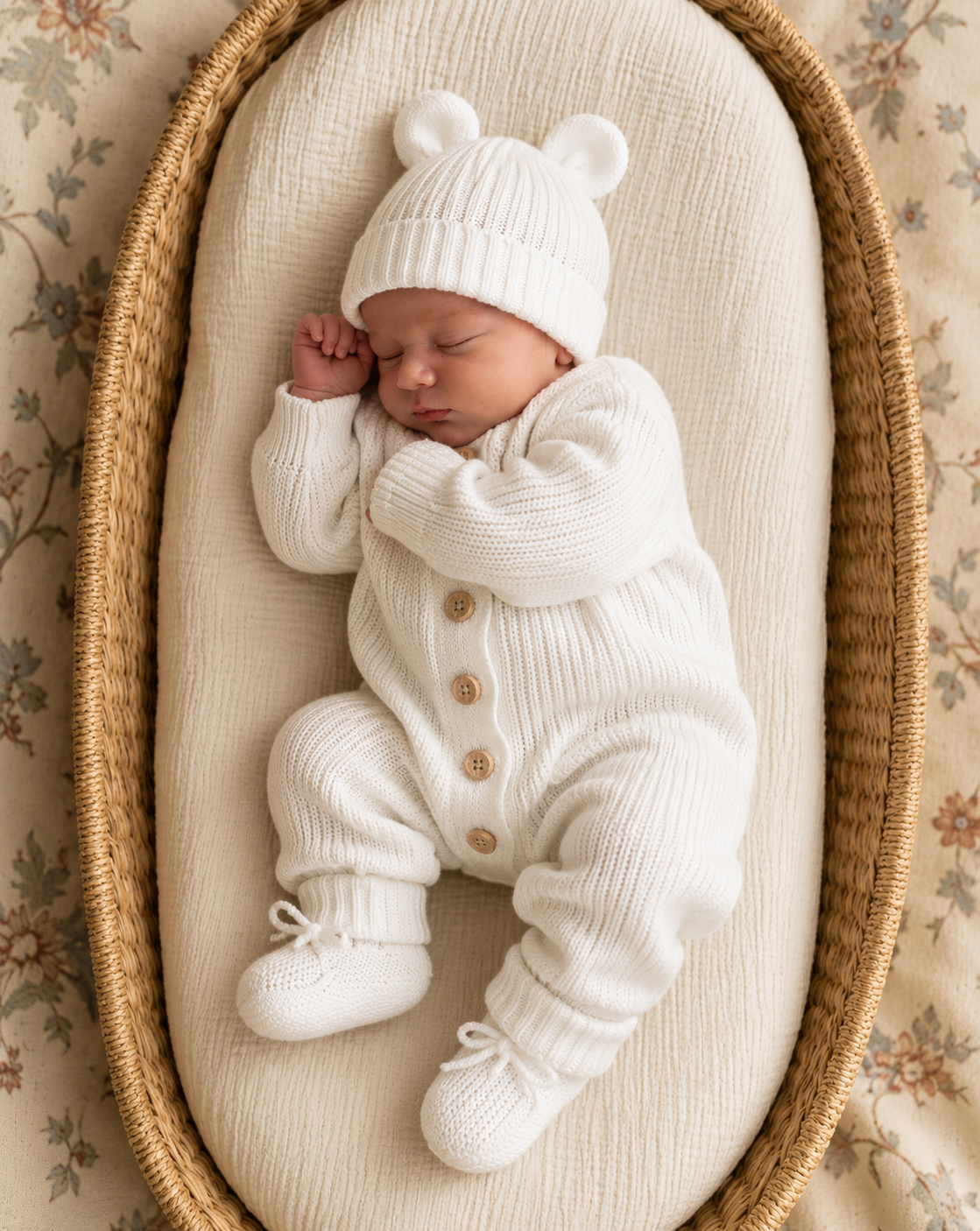 Knitted Sleep Suit, Hat & Booties Set: Snow White