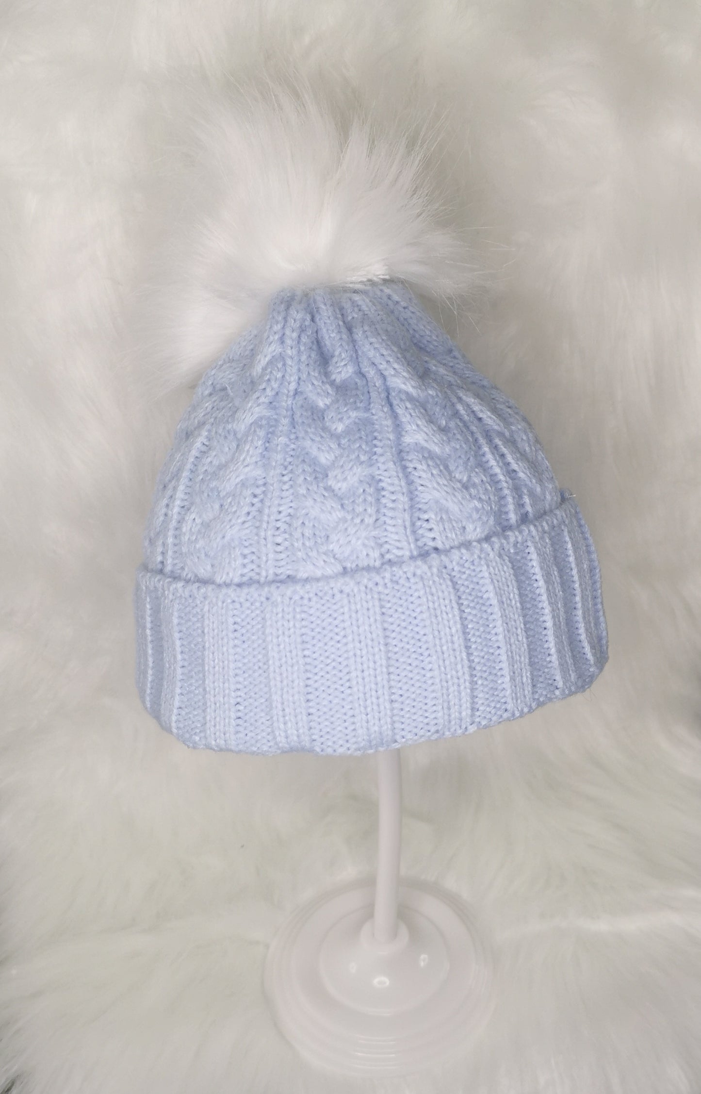 Baby cable knit fur pom hat