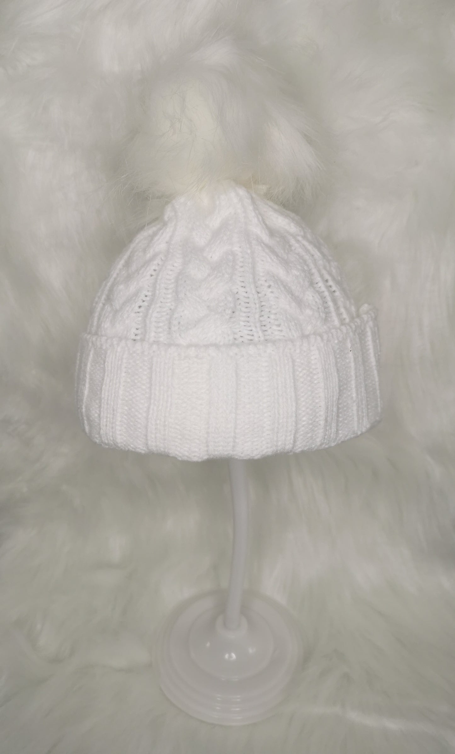 Baby cable knit fur pom hat