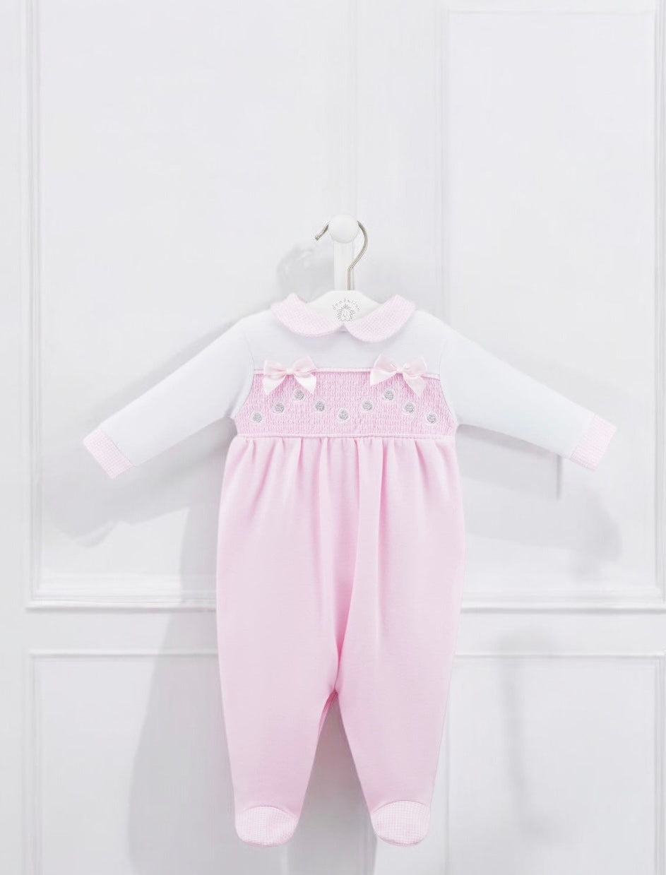 Silver roses and bows smocked sleepsuit