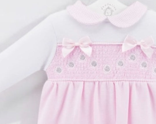 Silver roses and bows smocked sleepsuit