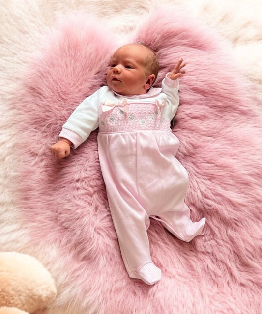 Silver roses and bows smocked sleepsuit