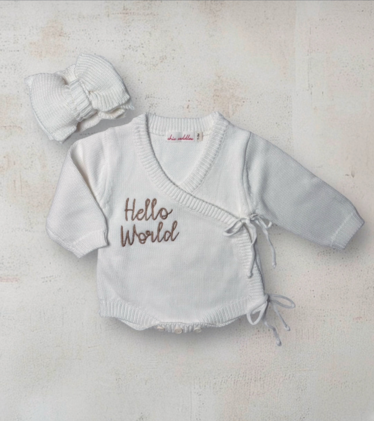 Baby Girls Chunky Knit Hello World Side Tie Romper