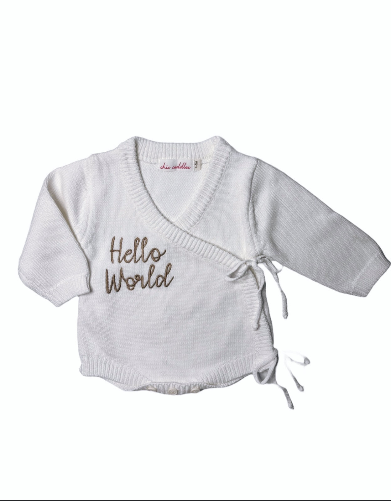 Baby Girls Chunky Knit Hello World Side Tie Romper