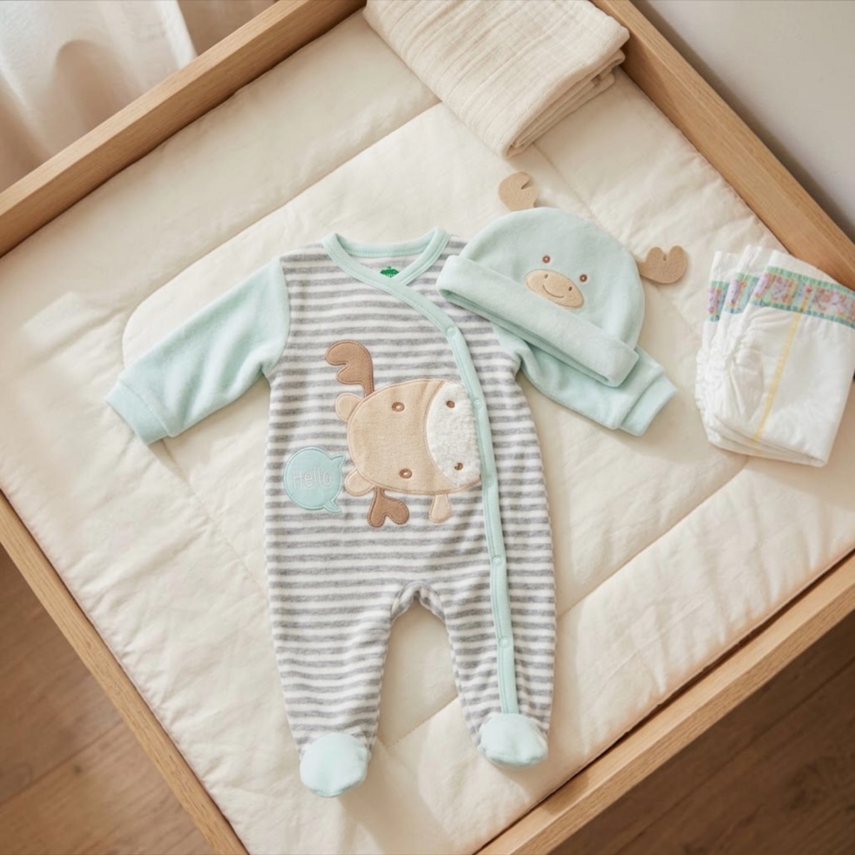 Hello Little Moose Velour Babygrow - Mint & Grey