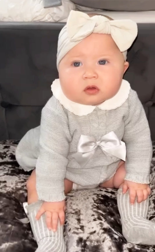 Beautiful knitted Grey baby girl dress with bows