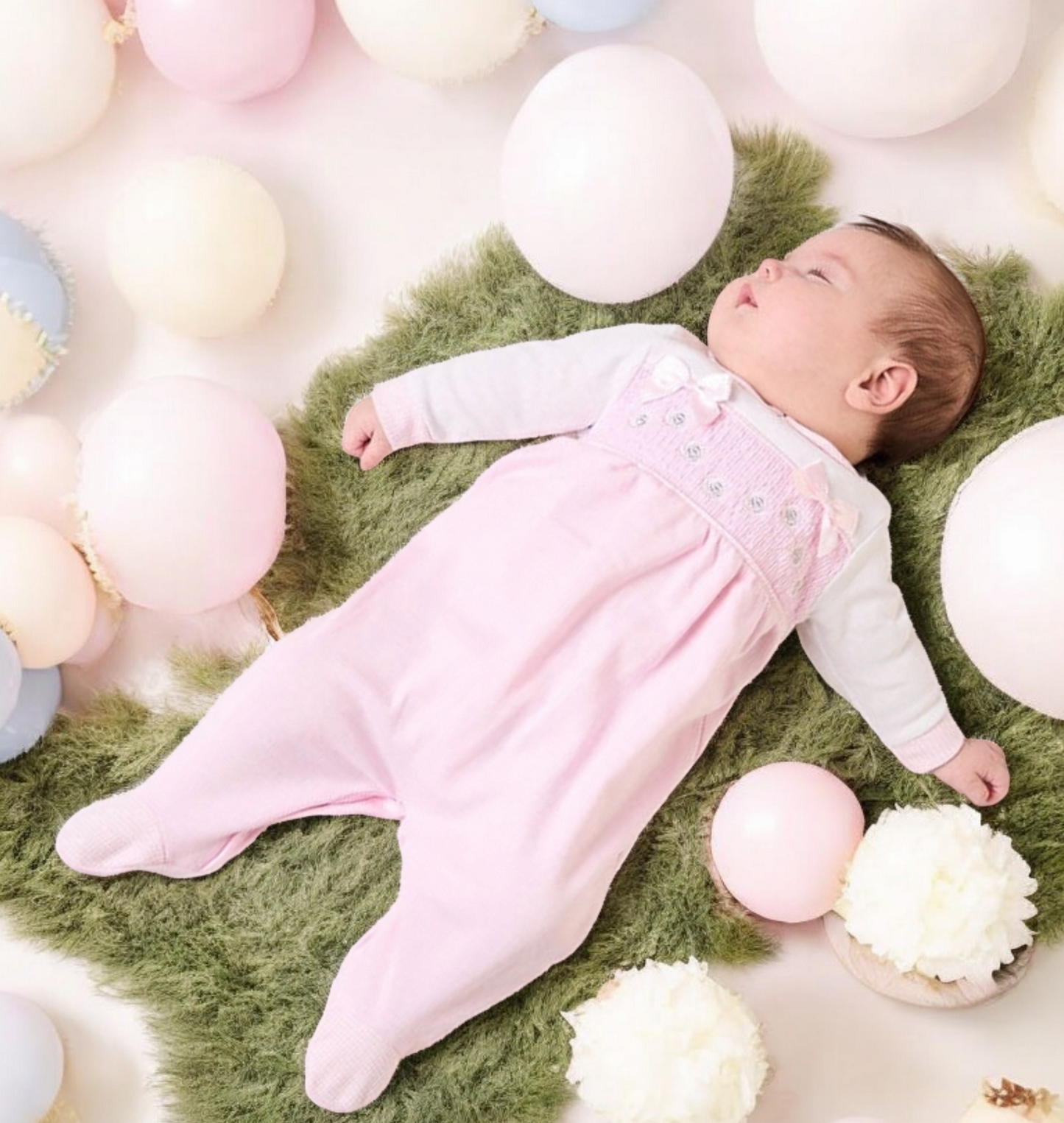 Silver roses and bows smocked sleepsuit