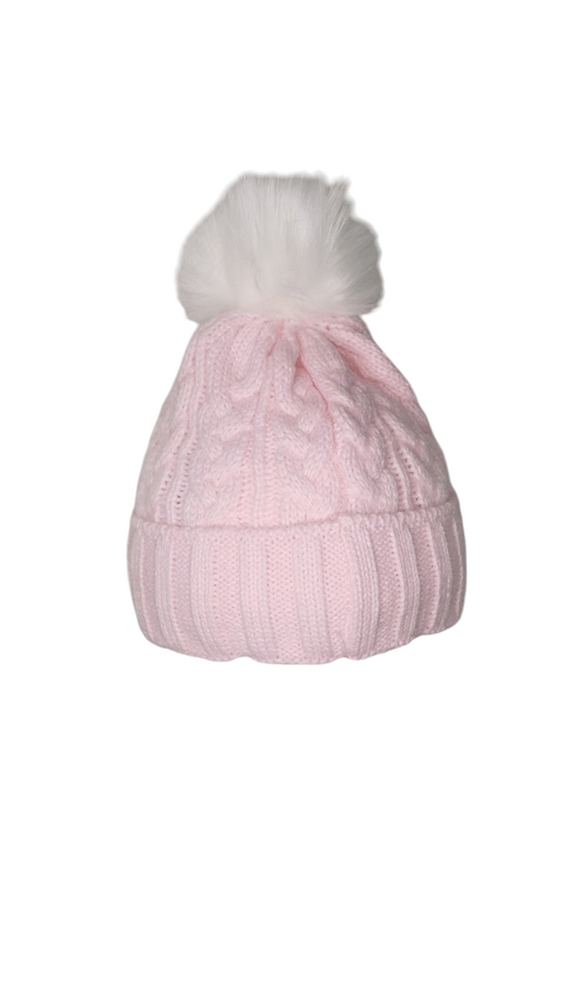 Baby cable knit fur pom hat