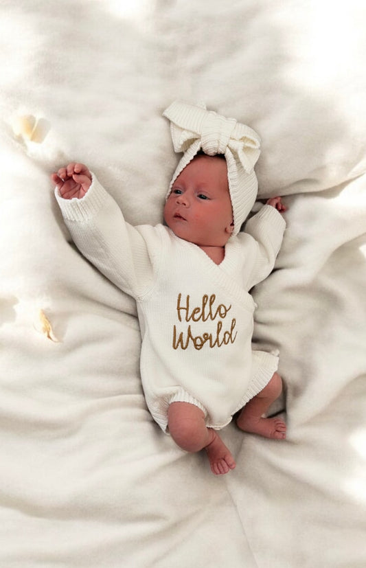 Baby Girls Chunky Knit Hello World Side Tie Romper