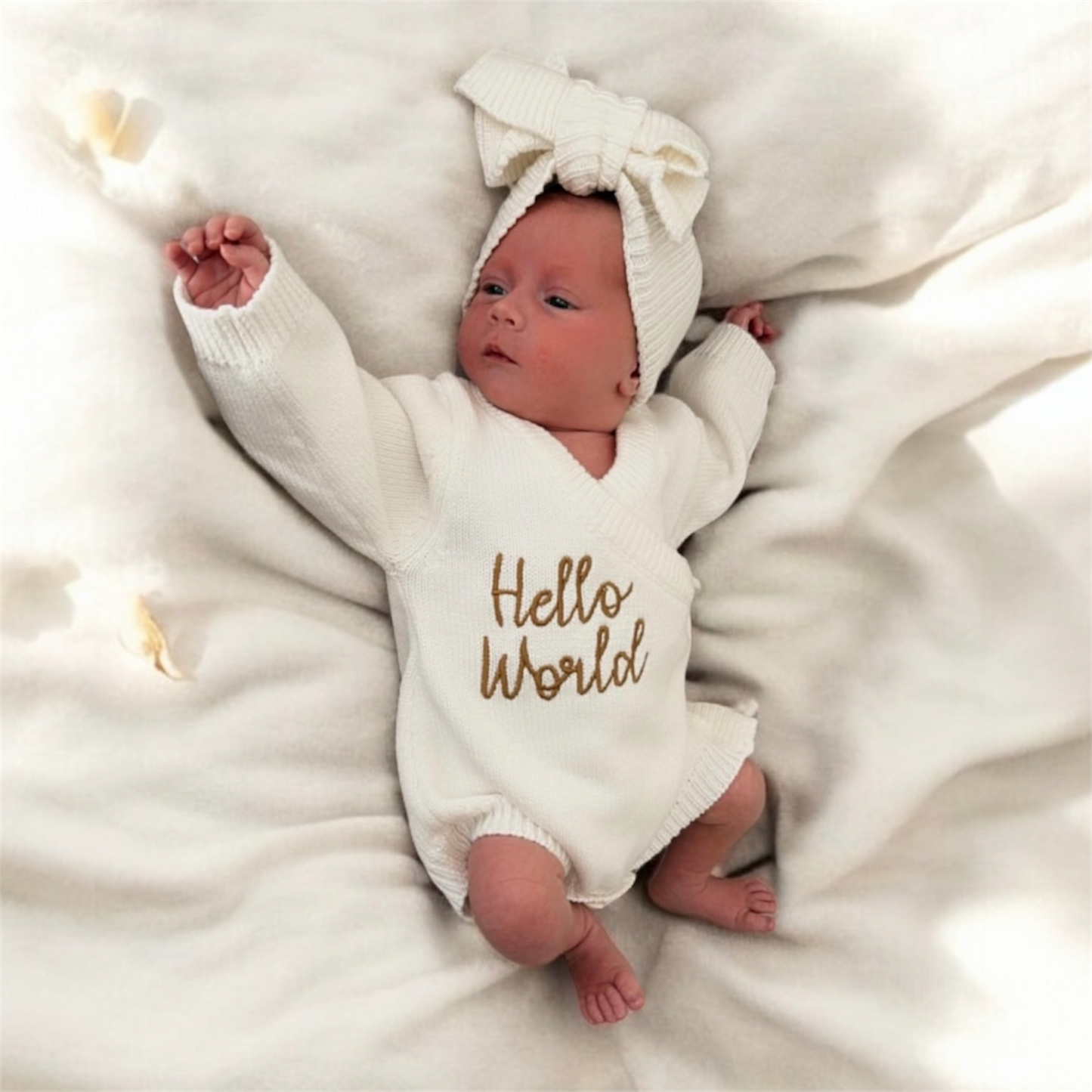 Baby Chunky Knit Hello World Side Tie Romper