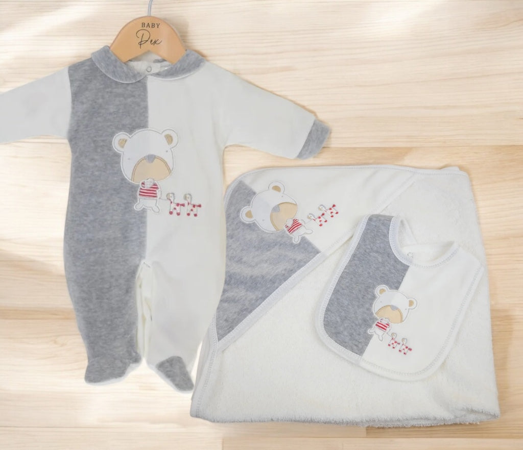 Three piece set includes baby grow, towel and bib 