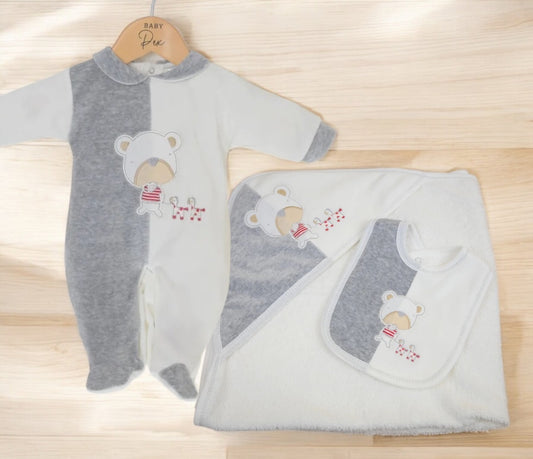 Three piece set includes baby grow, towel and bib 