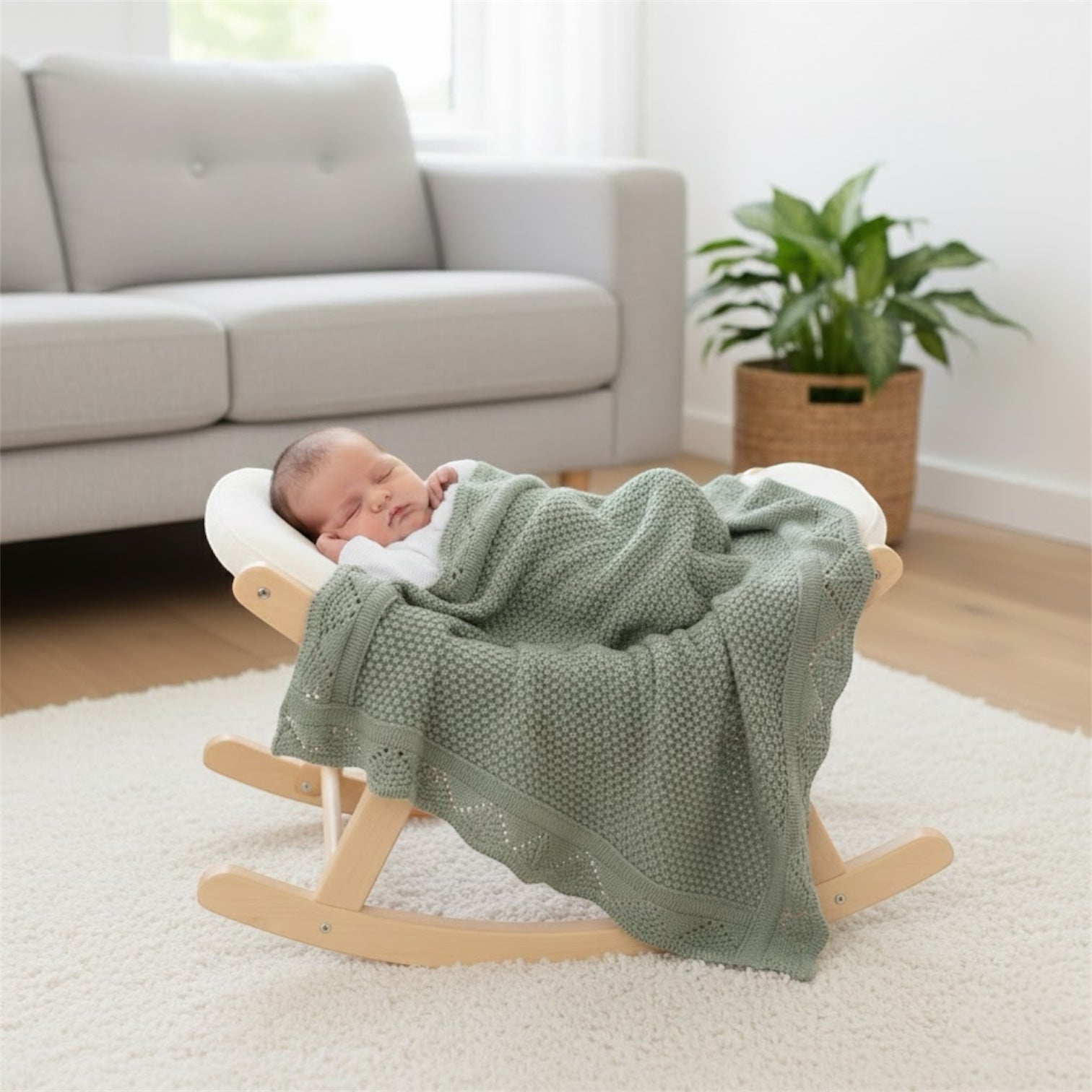 Organic cotton baby blanket with scalloped edges sage