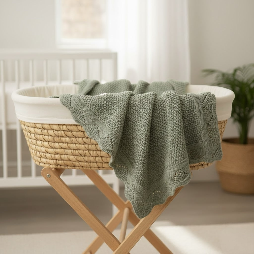 Organic baby blankets with scalloped edges colour sage