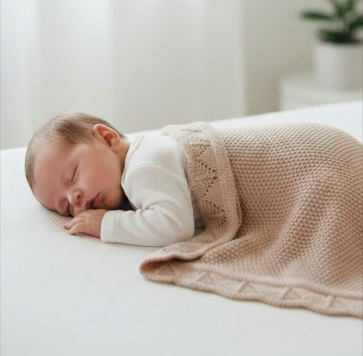 Newborn baby sleeping under a pink organic knitted blanket on a white surface.