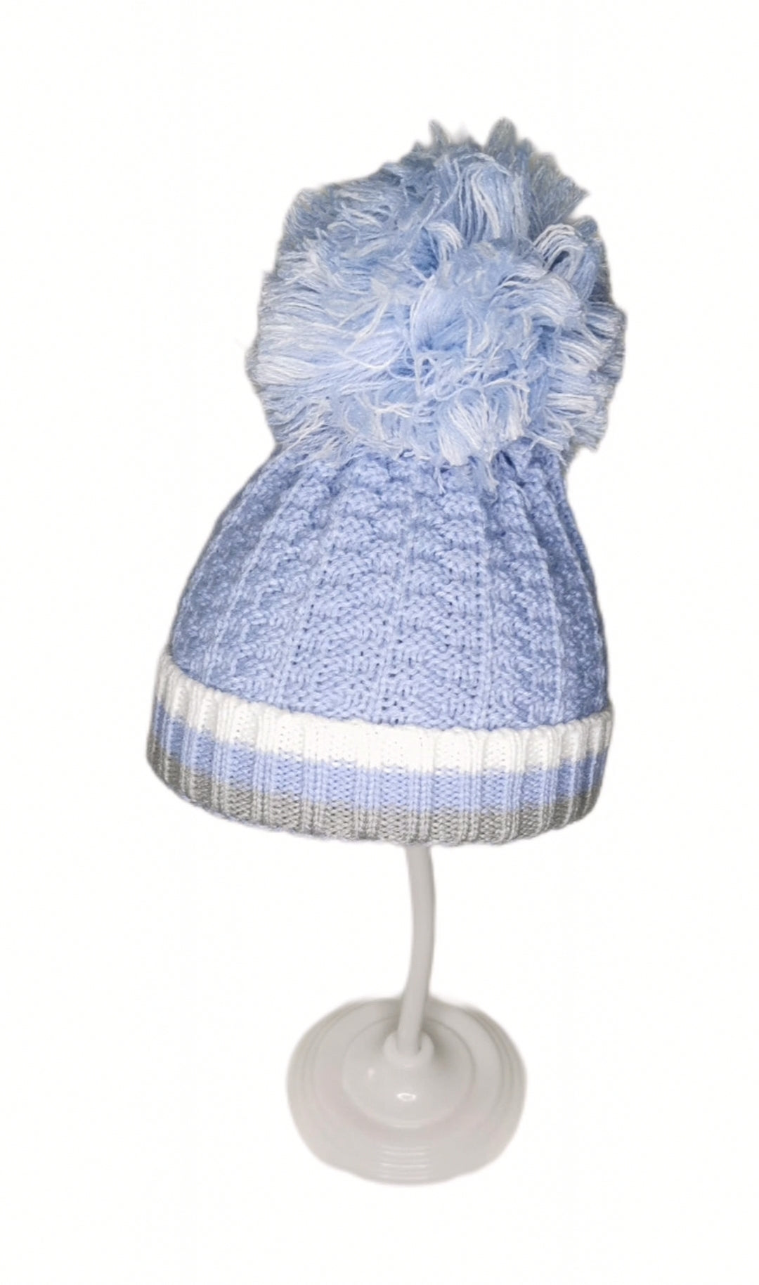 Knitted Pom baby boy hat with white, blue and grey trim stripe 