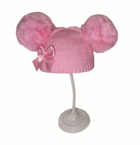 Pink 'Zig Zag' Knit Hat with 2 Faux-fur Pom-Poms & Bow