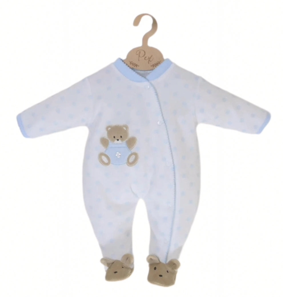 Teddy Spot Velour Sleepsuit -Blue