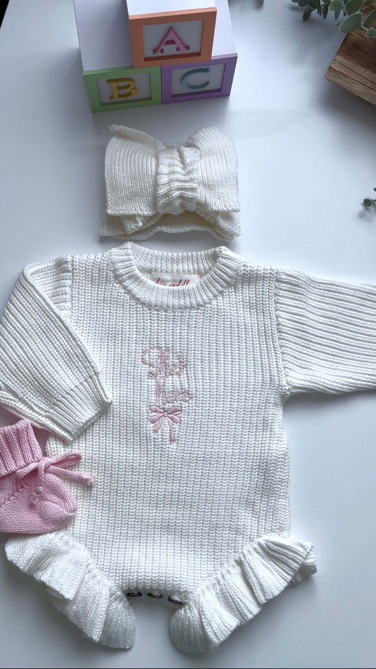Baby girl romper, booties and headband set