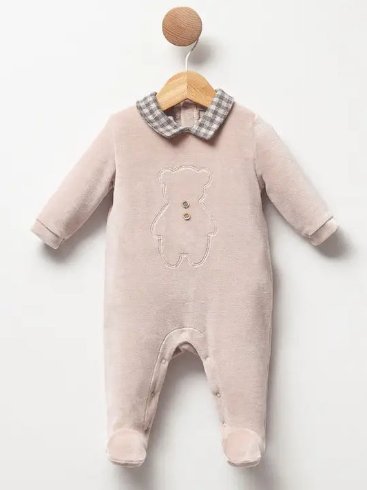 Adorable soft touch velvet onesie with plaid collar and embroidered teddy.