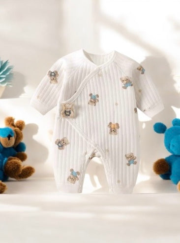 Soft touch baby unisex romper with cute little Velcro teddy fastening.