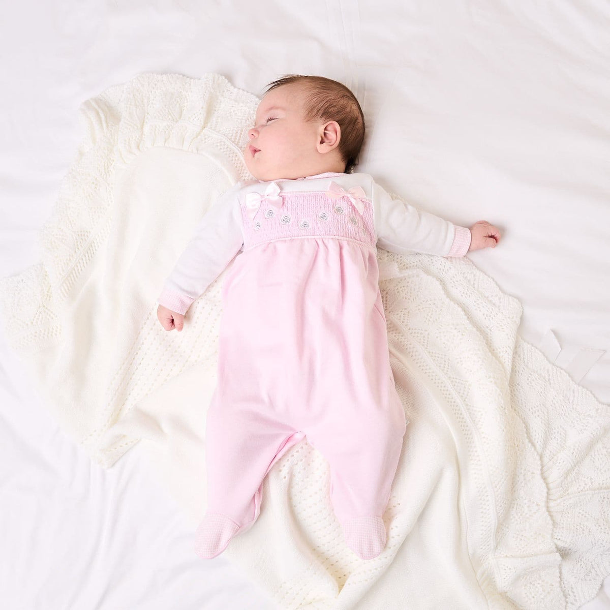 Silver Roses And Bows Smocked Sleepsuit - Cotton Sleepsuit - Pink