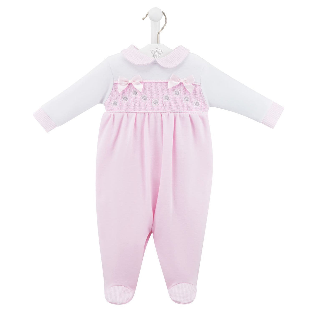 Silver Roses And Bows Smocked Sleepsuit - Cotton Sleepsuit - Pink