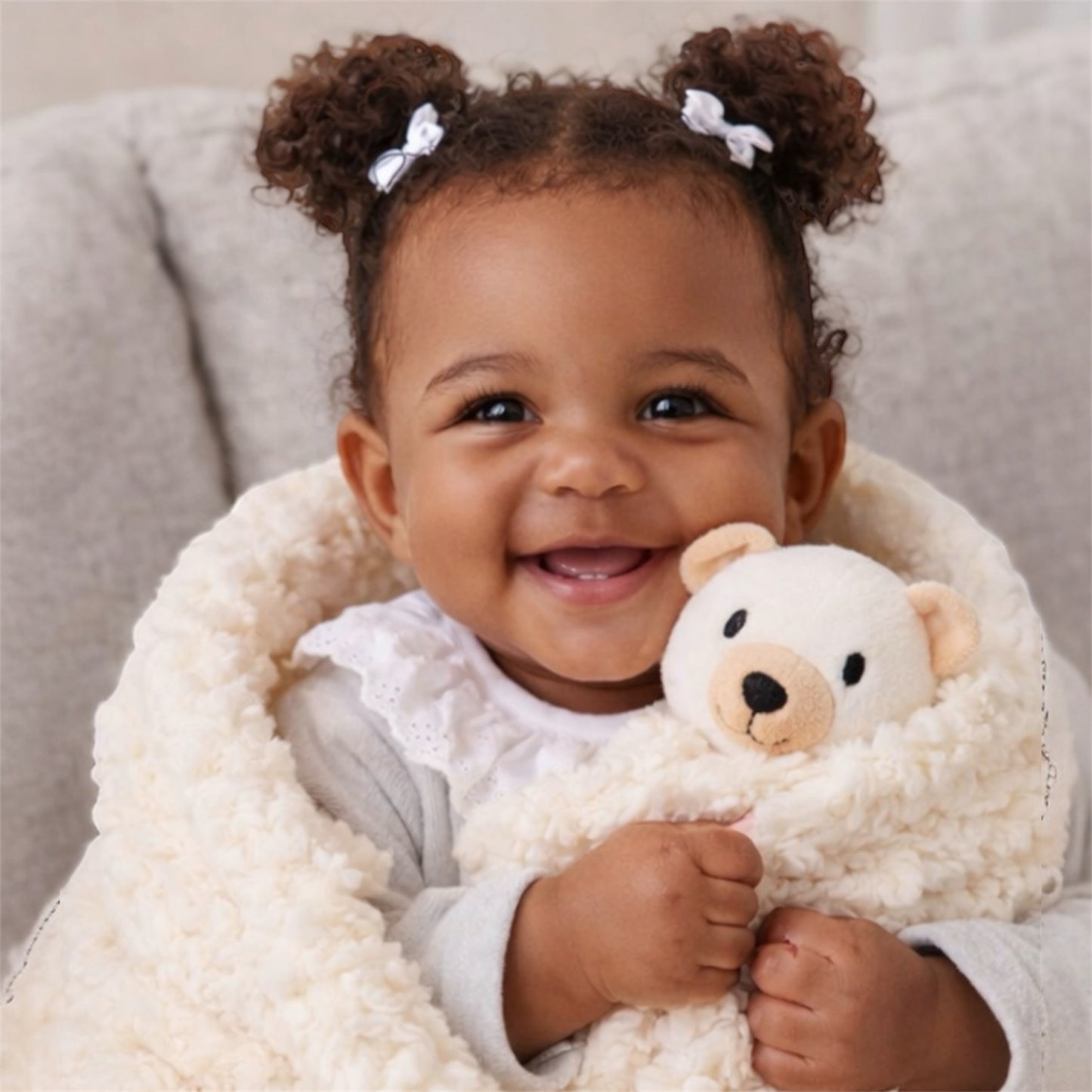 Baby girl in grey romper with white frill collar lying on a soft cream teddy blanket holding a bear comforter