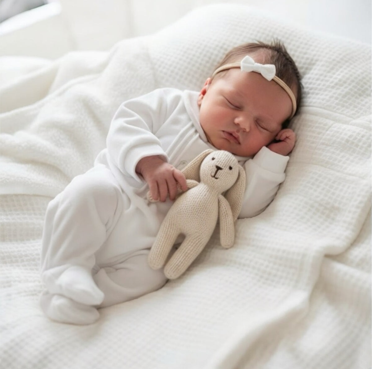 Newborn baby sleeping while cuddling a teddy, wearing the white bear velour sleepsuit