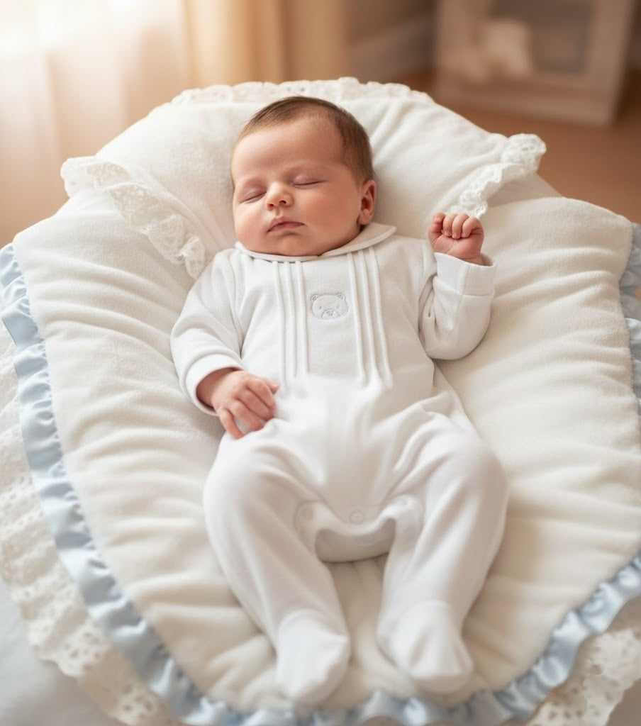 Newborn baby resting on a soft cushion while wearing the white bear velour sleepsuit