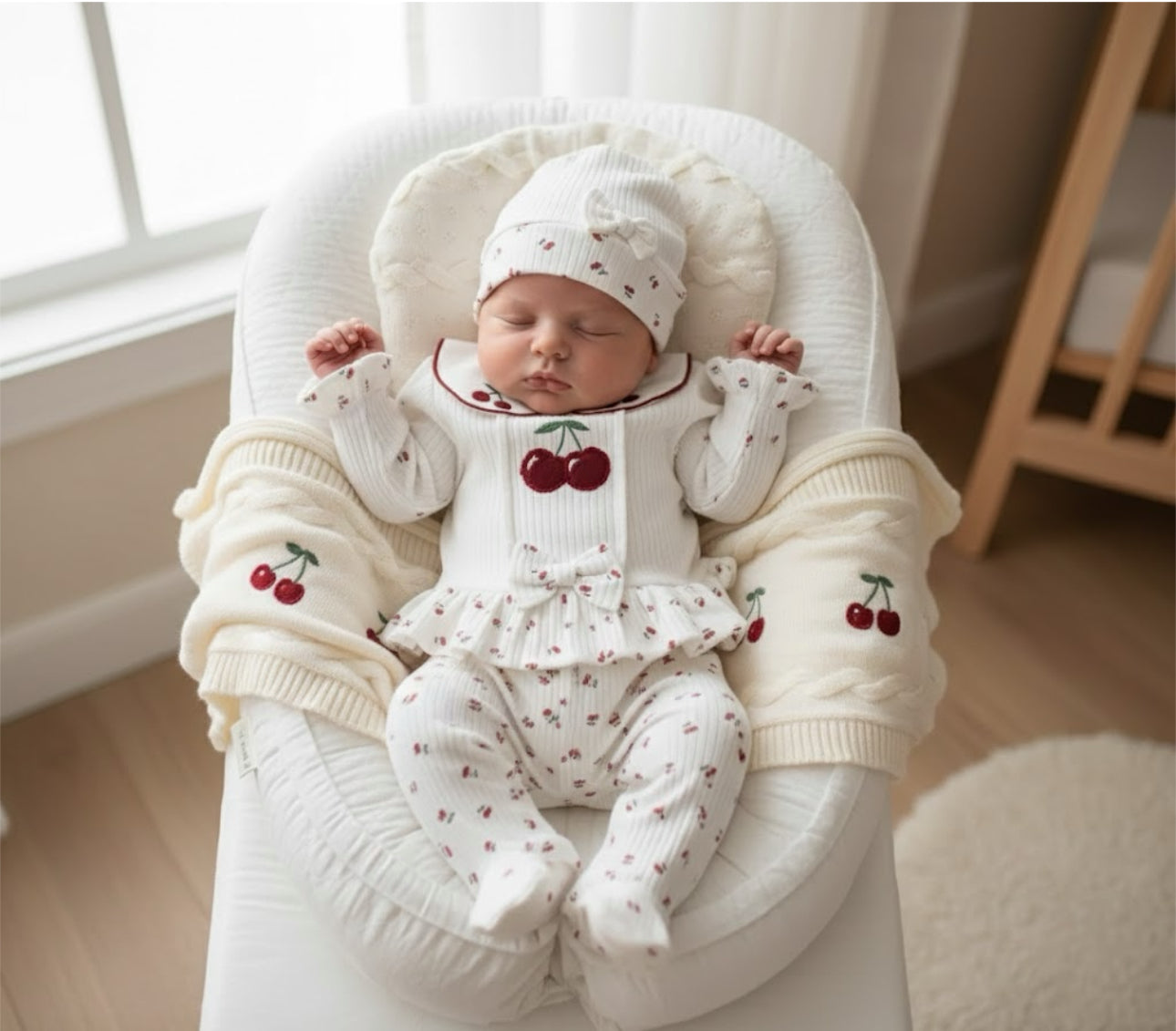 A newborn baby wearing the white and red Cherry Blossom 5 Piece Set, resting in a white plush infant lounger.