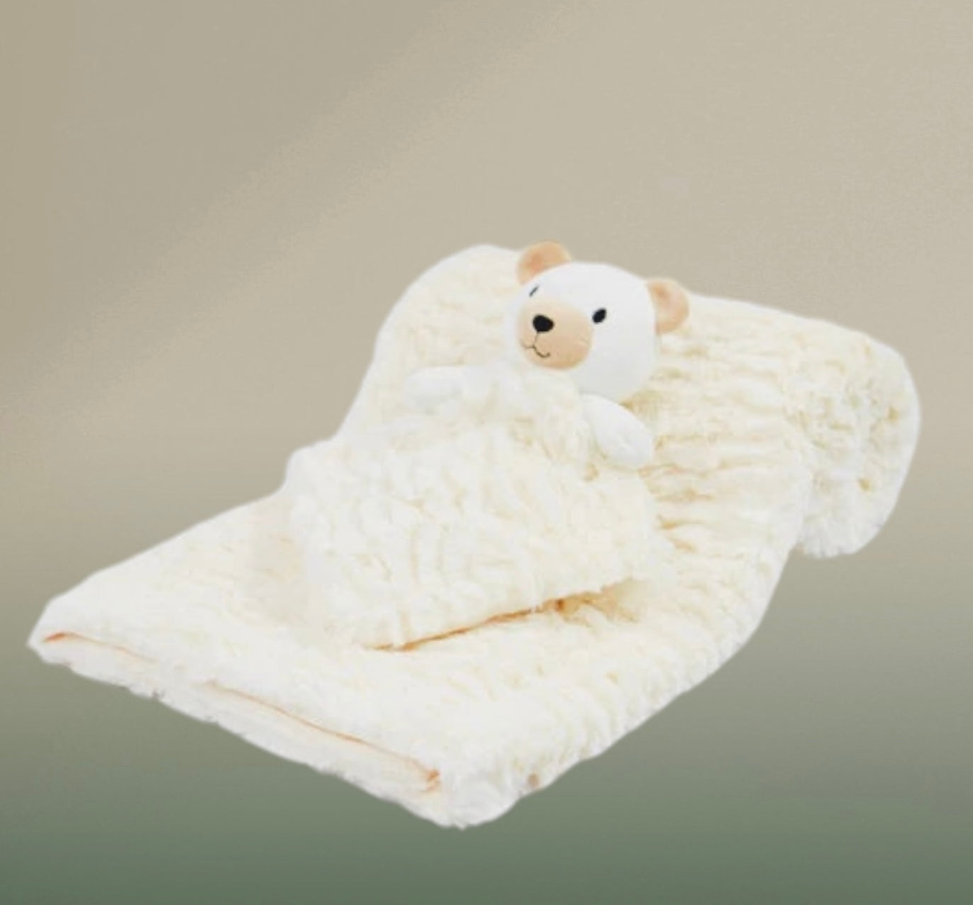 Soft cream teddy baby blanket with matching bear comforter