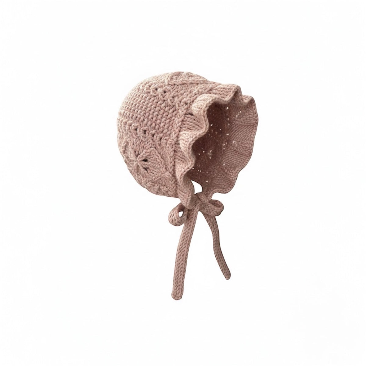 Handknit organic cotton baby bonnet with Victorian-inspired detailing
