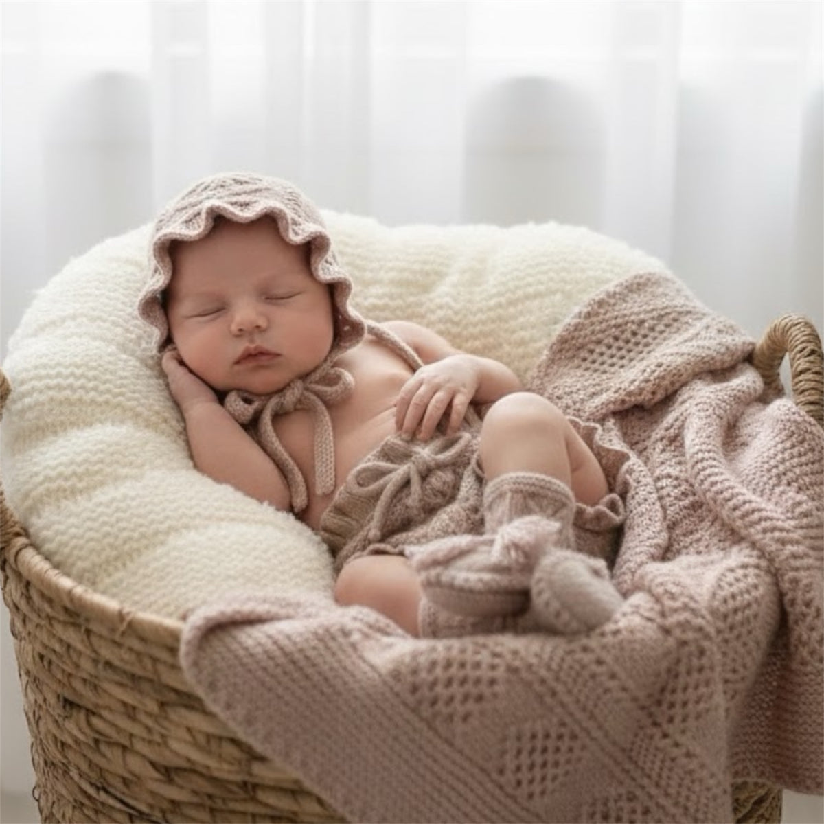 Baby wearing a handknit organic cotton Victorian baby set with bloomers, bonnet and booties in a soft neutral tone