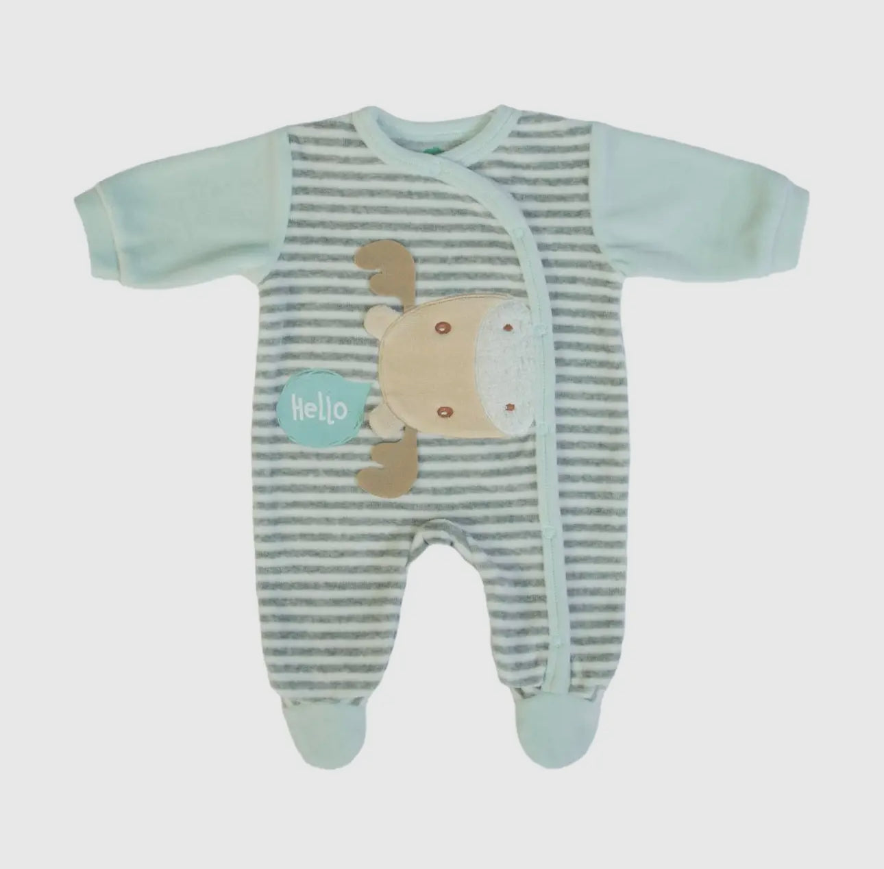 Mint and grey velour baby grow with Hello Little Moose design, shown as a flat lay