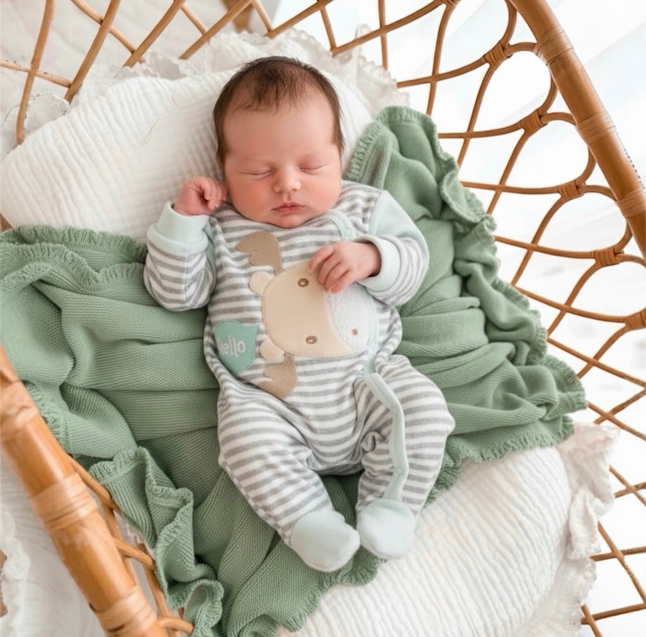 Newborn baby wearing a mint and grey velour Hello Little Moose babygrow, resting on a soft blanket