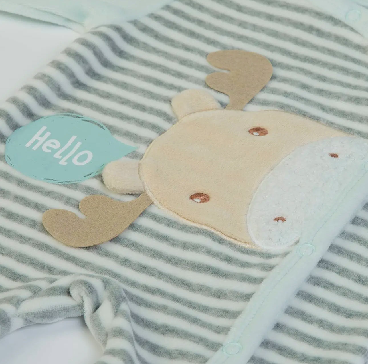 Close-up of the Hello Little Moose character design on a mint and grey velour baby grow