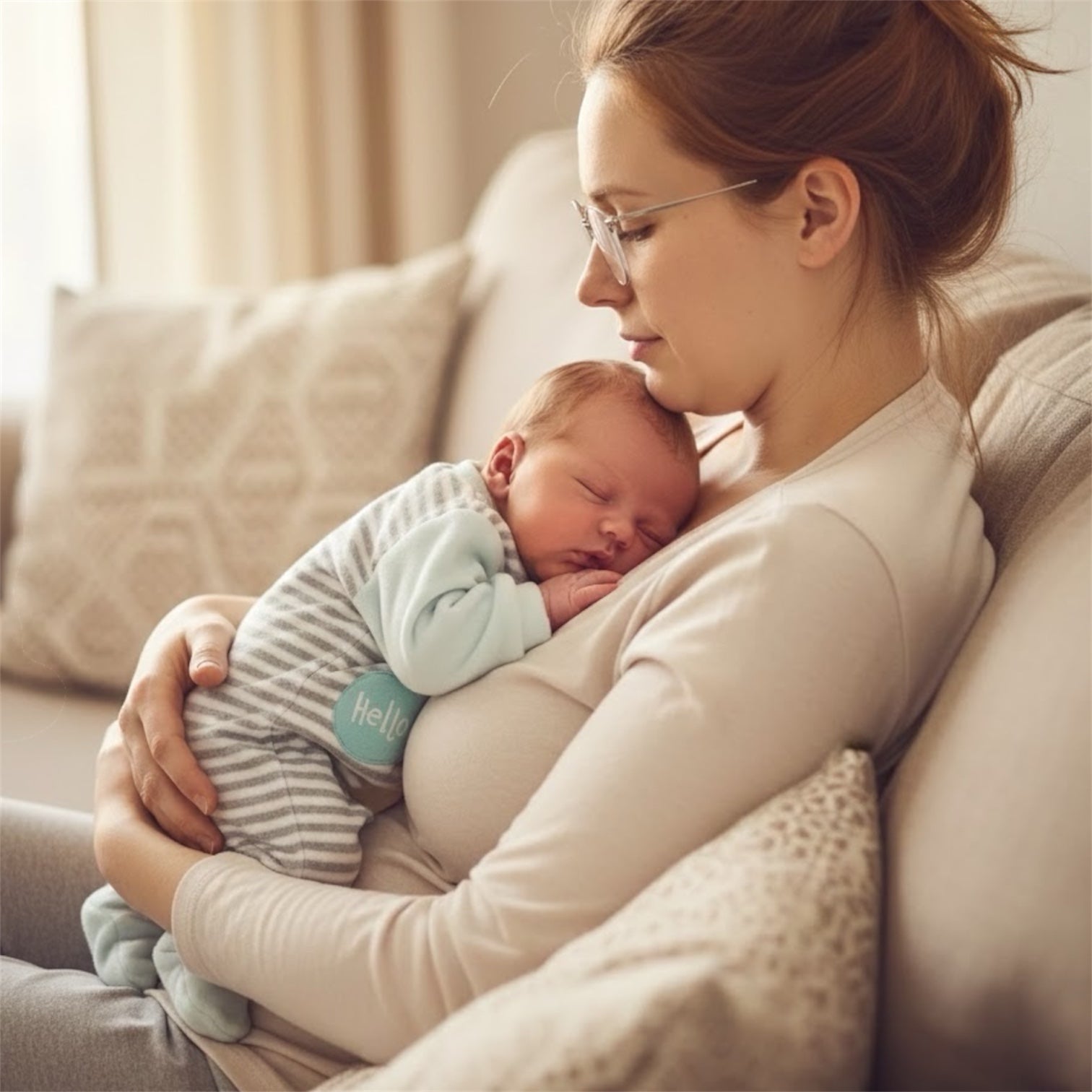 Newborn baby being cuddled by a parent while wearing a mint and grey velour baby grow