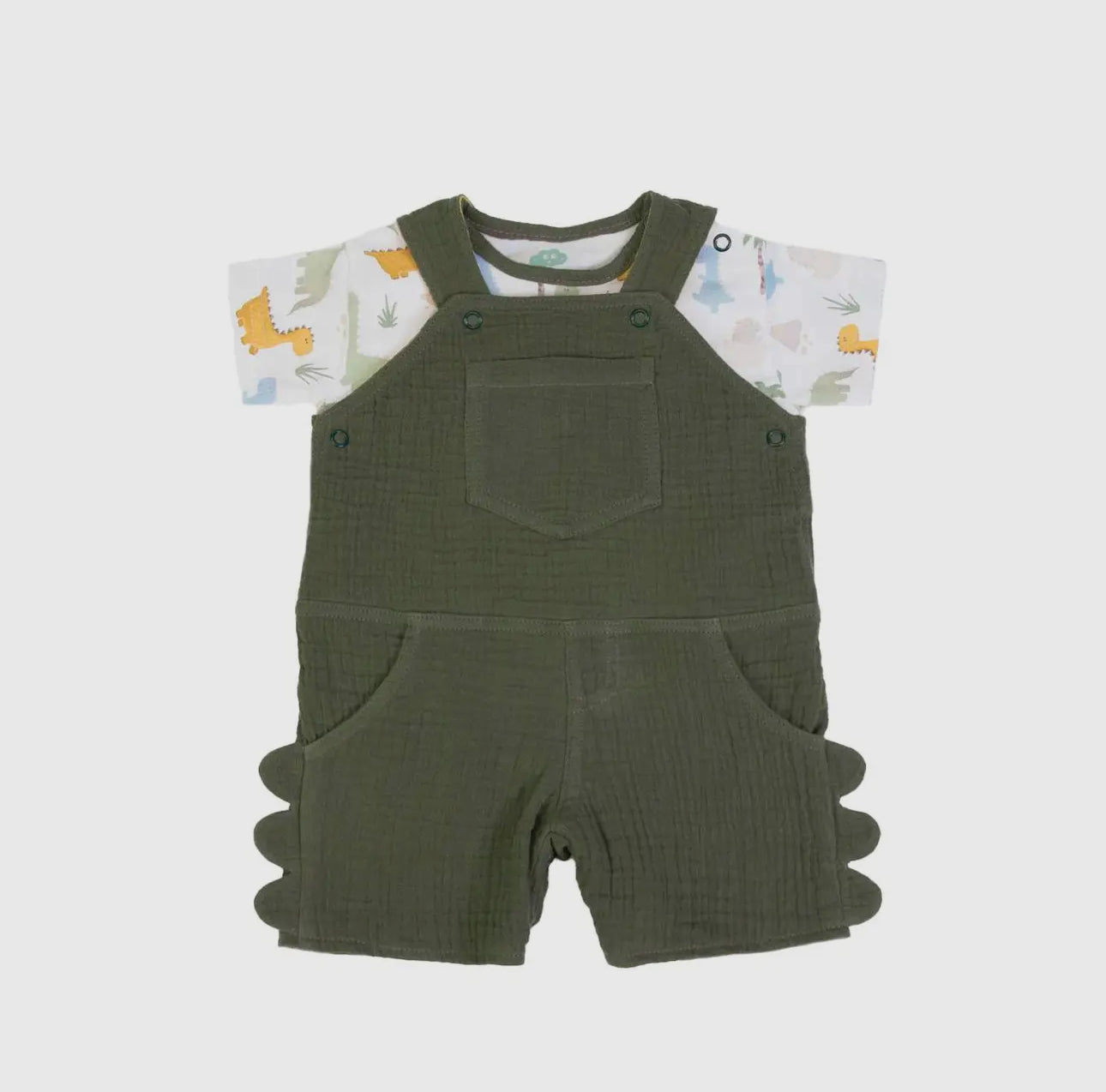 Olive green muslin baby dungarees shown as a flat lay on a neutral background