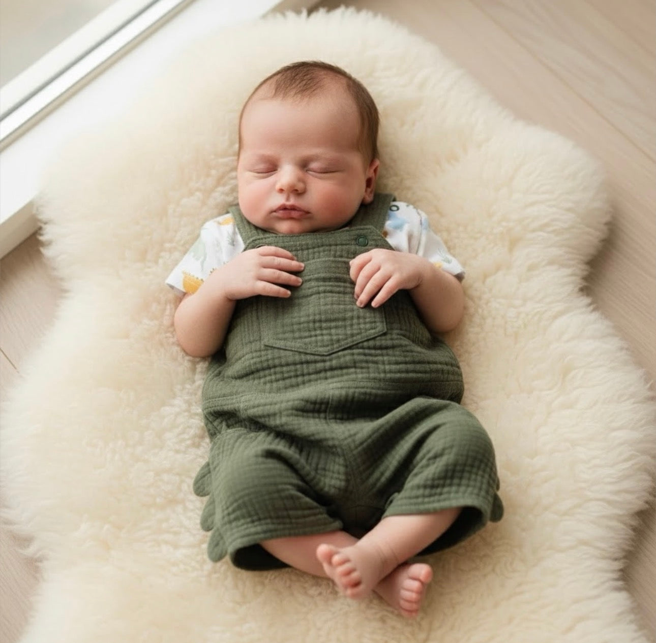 Baby wearing an olive green muslin dungarees and T-shirt set, resting on a soft neutral blanket