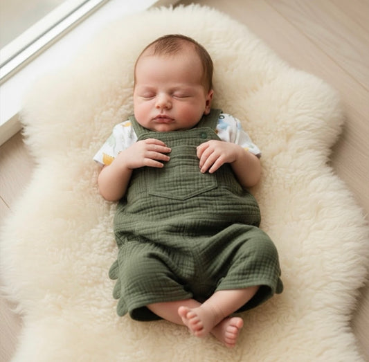 Baby wearing an olive green muslin dungarees and T-shirt set, resting on a soft neutral blanket