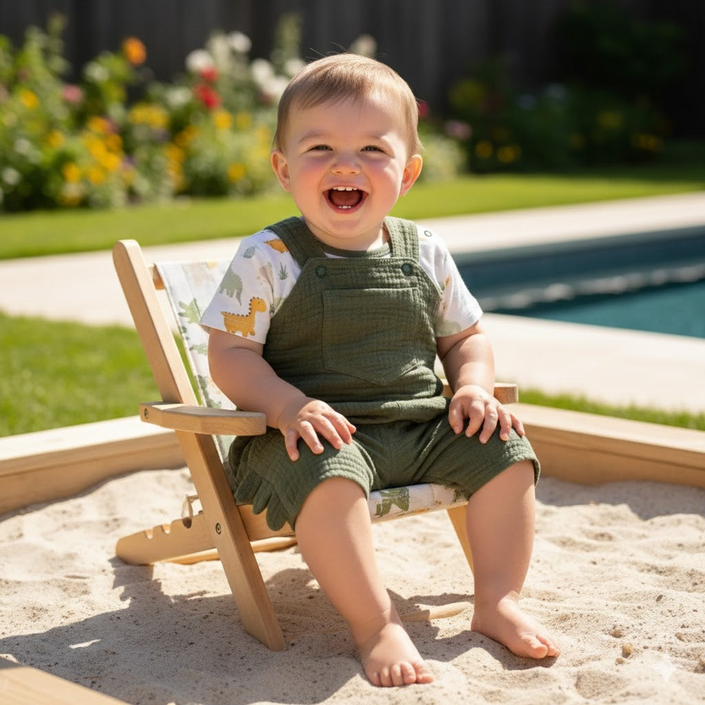 Smiling baby wearing an olive green muslin dungarees and T-shirt set, seated outdoors in natural light
