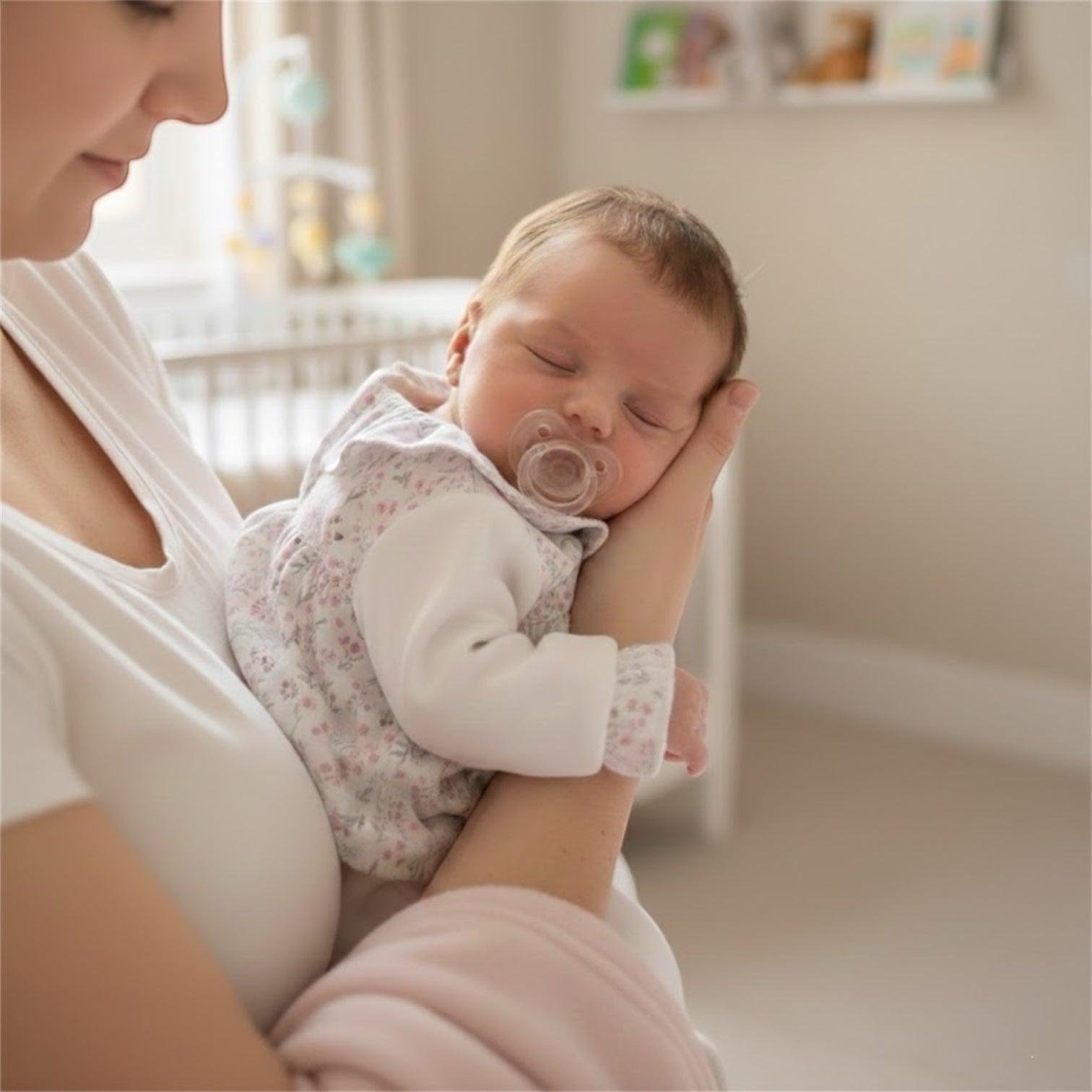 Newborn baby being cuddled by parent, dressed in a soft floral cotton sleepsuit