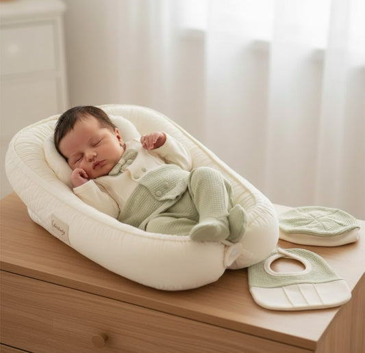Sleeping newborn baby wearing the Oliver Waffle Bow Set in sage green and cream, resting in a white infant lounger.