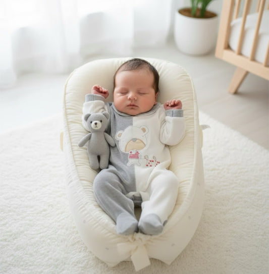 Newborn baby resting comfortably while wearing the Playtime babygrow from the 3 piece baby bundle