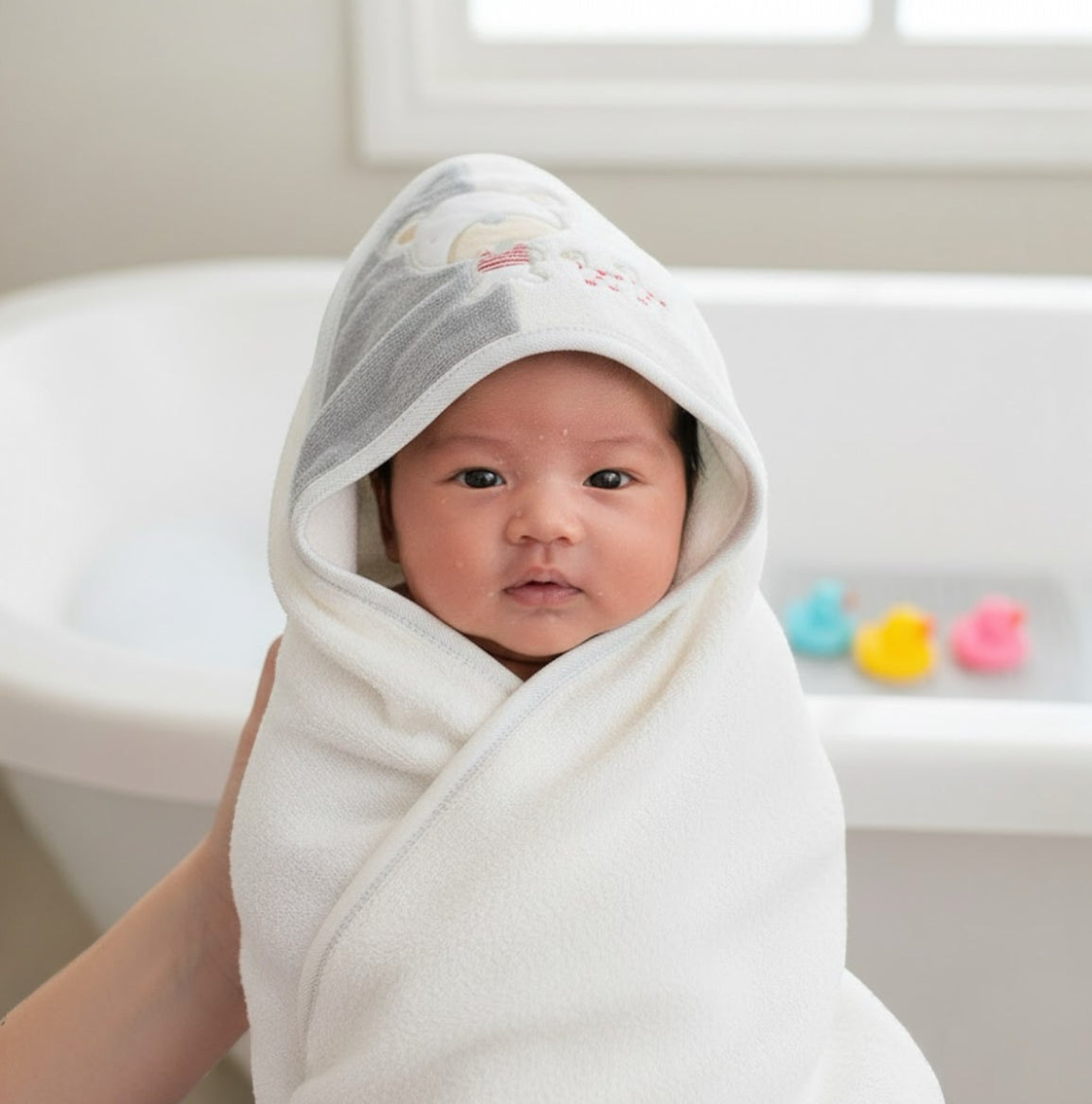 Baby wrapped in a soft hooded towel from the Playtime 3 piece baby bundle after bath time