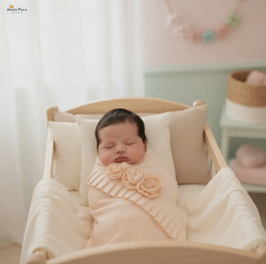 Rosalie Blossom Blanket in salmon wrapped around a sleeping newborn in a white infant lounger.