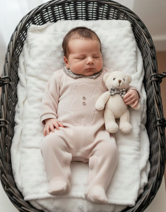Newborn baby resting in a pram while wearing a soft velvet bear embroidered footed onesie
