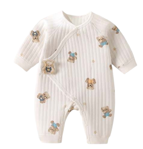 Cream teddy and star baby romper shown as a flat lay, featuring soft ribbed fabric and wrap design