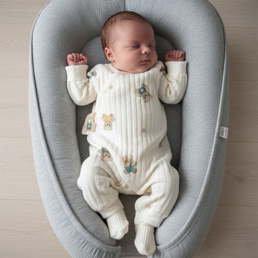 Newborn baby resting in a baby nest while wearing the cream teddy and star romper